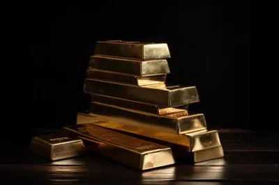 یک توده شمش طلا بر روی سطح میز تاریک با استفاده از فناوری هوش مصنوعی تولید شده