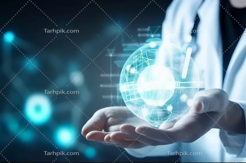 نماد دکتر با پرونده الکترونیکی پزشکی در interfaz بهداشتی دیجیتال و شبکه AI تولیدی