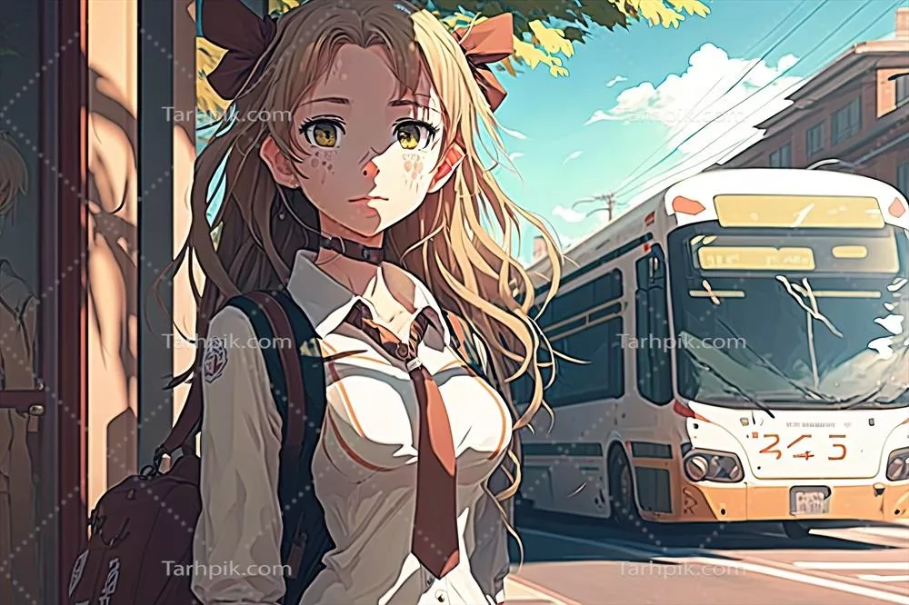 دختر انیمه‌ای زیبا در ایستگاه اتوبوس - تولید شده با هوش مصنوعی