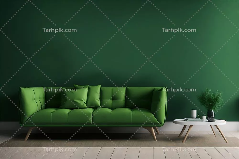 مدل سهبعدی مبل سبز با میز در دیوار سبز و کفپوش چوبی