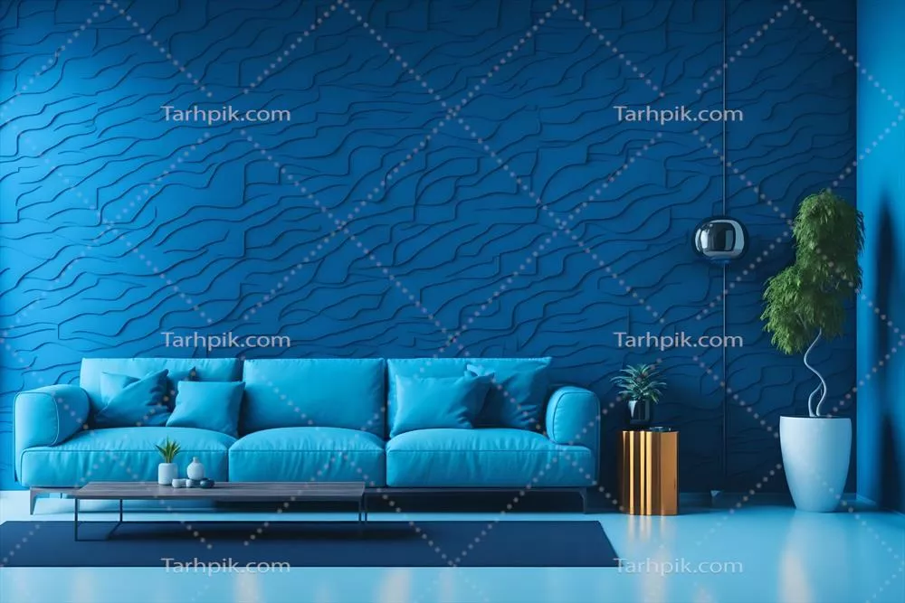 تصویر رندر شده سه بعدی از طراحی داخلی مدرن اتاق نشیمن با دیوار آبی