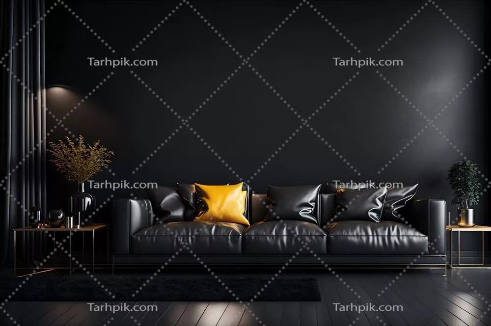 مبل چرمی سیاه با کوسن زرد و نور در اطراف، طراحی داخلی اتاق نشیمن با دیوار سیاه