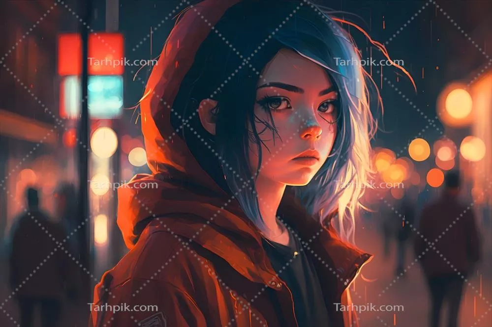 دختر سایبرپانکی زیبا در برابر پیشزمینه شب شهر آینده با مفهوم سایبرپانک و شبکه عصبی
