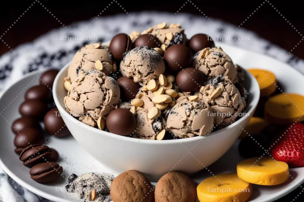 بستنی خانگی خوشمزه با تکههای شکلات در کاسهای روی میز چوبی