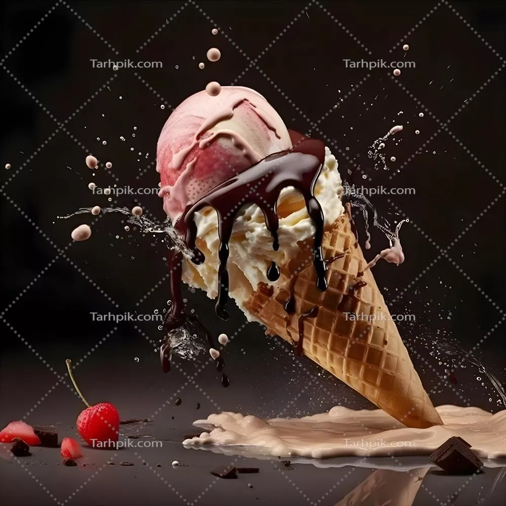 تصویر گرانشی بستنی در قیف وافل با پاشش و قطرات در پسزمینه خاکستری