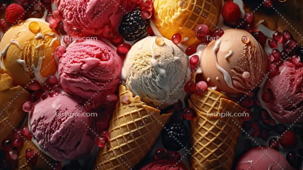 تصویر هنری گرافیکی از بستنی با پسزمینه کویر و جزئیات ماکرو