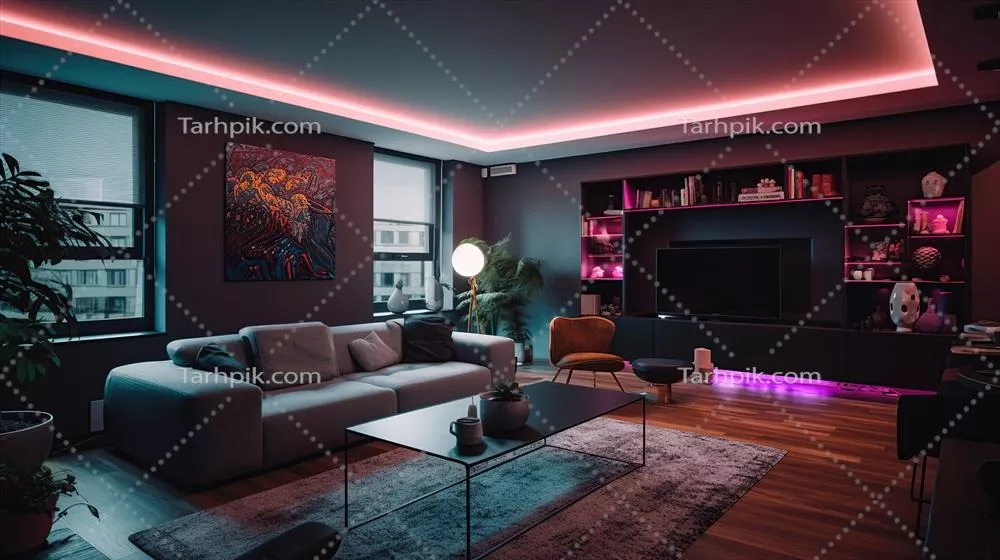 طراحی داخلی اتاق نشیمن شیک با نورپردازی نئونی و استفاده از هوش مصنوعی مولد