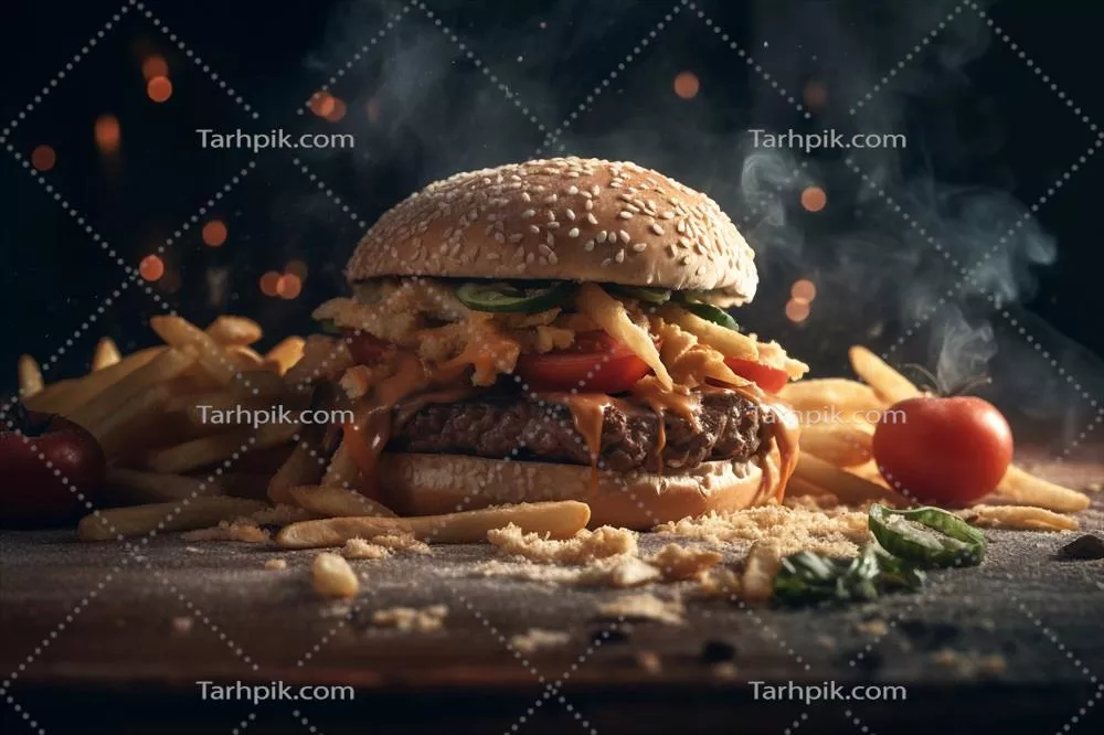 برگر خوشمزه بر روی میز - خلق شده توسط هوش مصنوعی