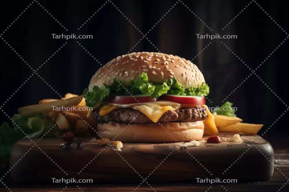 برگر خوشمزه روی میز - تولید شده توسط هوش مصنوعی به سبک مدرن