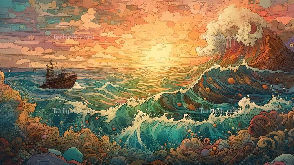 تصویرسازی خطی اقیانوس در غروب آفتاب با سبک مانگا و طراحی psychedelic با جزئیات بالا