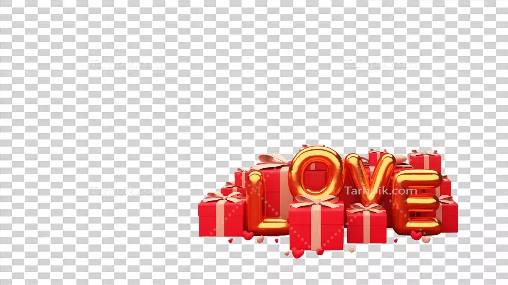 بالون عاشقانه طلایی سه بعدی با جعبههای کادویی واقعی و قلبهای کوچک روی پسزمینه سفید