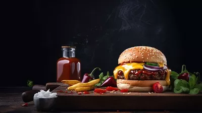 برگر لذیذ: پتی آبدار، پنیر ذوب شده و سبزیجات ترد در پس‌زمینه‌ای تاریک