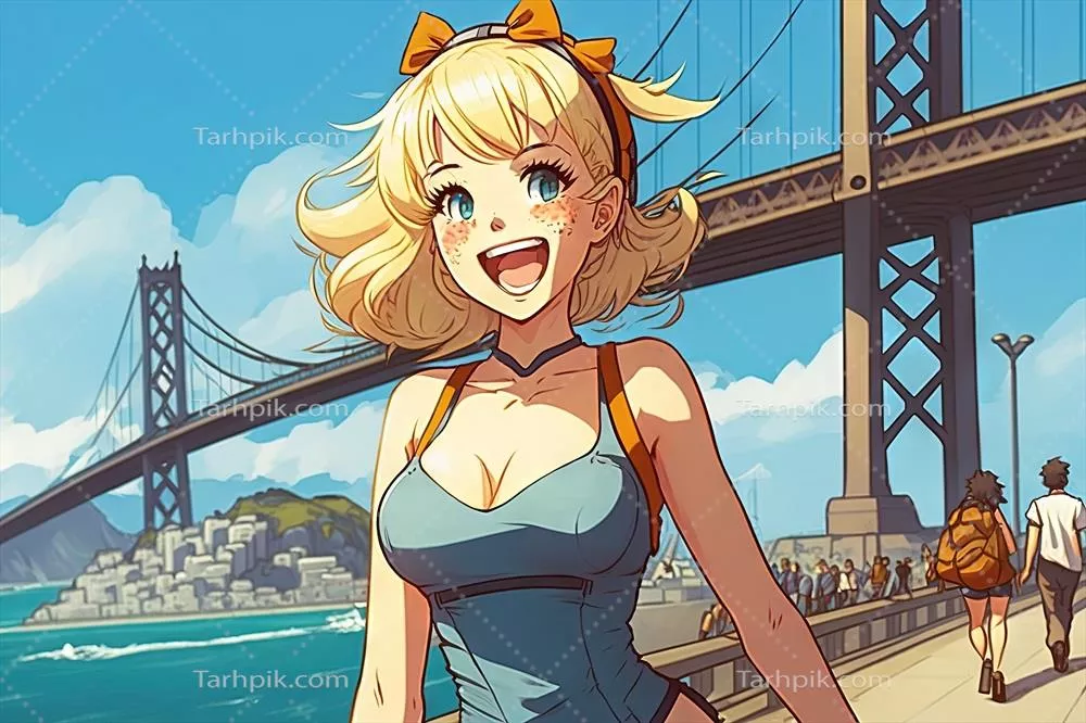 تصویر زیبای دختر انیمه و مانگا در شهر سان فرانسیسکو کالیفرنیا با استفاده از هوش مصنوعی