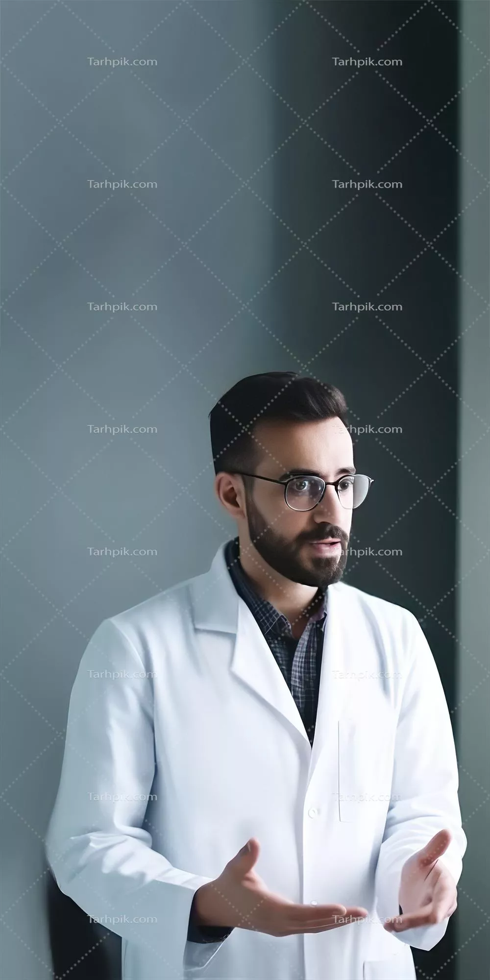 پرترهای از پزشک حرفهای مرد با پسزمینه خاکستری و طراحی بنر عمودی