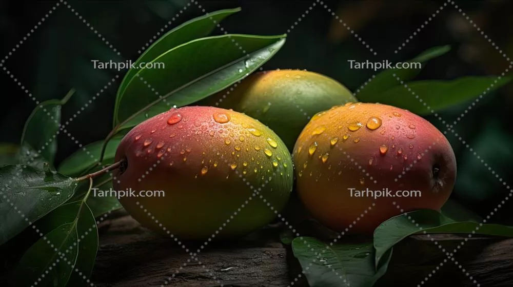پسزمینه زیبا و ارگانیک از زردآلوی ماریان تازه با برگهای سبز و قطرات آب که توسط تکنولوژی هوش مصنوعی ایجاد شده است