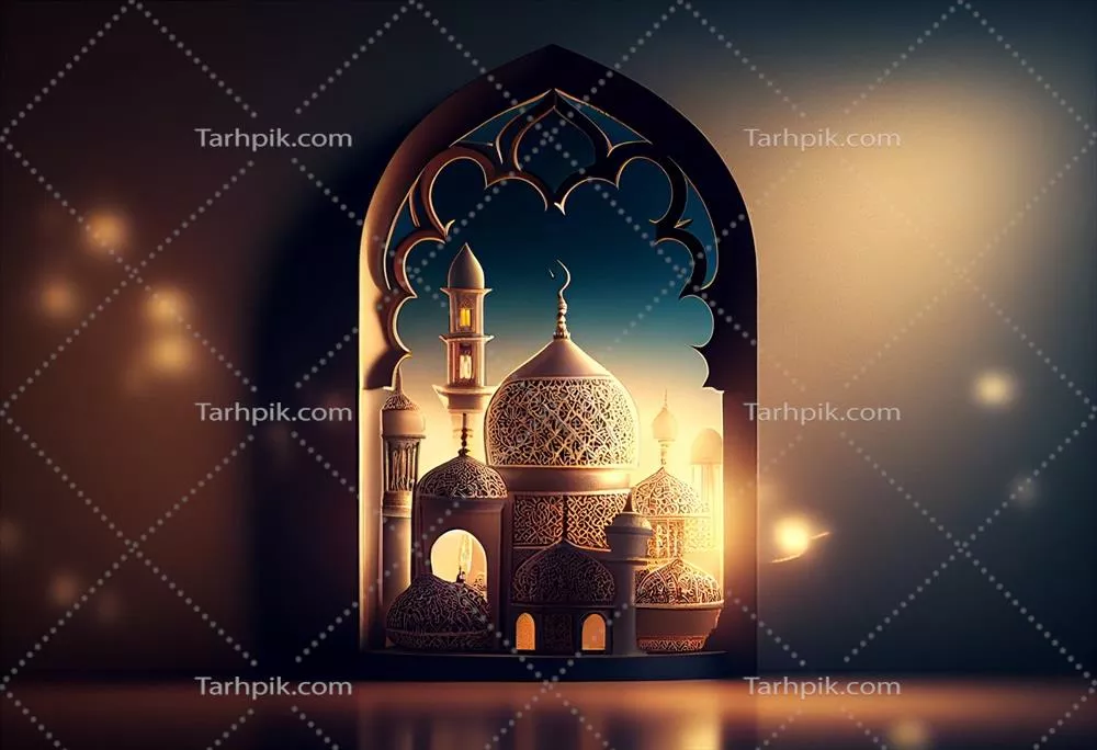 تصویری از یک مسجد اسلامی در شب با ماه و فانوس به سبک شهر اسلامی در قاب پنجره