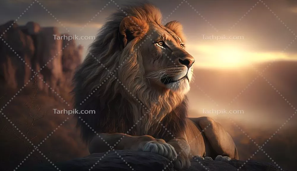 نگاهی به غروب آفتاب از بالای تپه در بیابان توسط شیر باشکوه