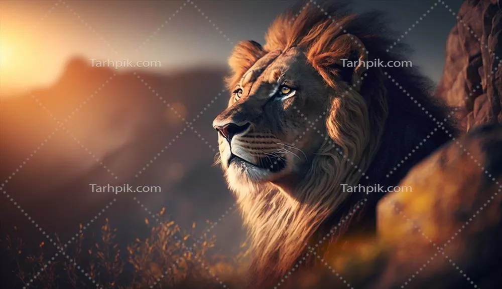 شیر باشکوهی که غروب خورشید را از قله تپه‌ای در بیابان تماشا می‌کند