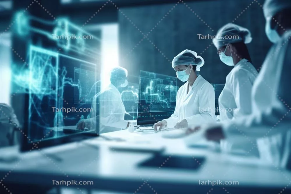 تیم پزشکی با ماسک های جراحی در یک آزمایشگاه پیشرفته کار می کند
