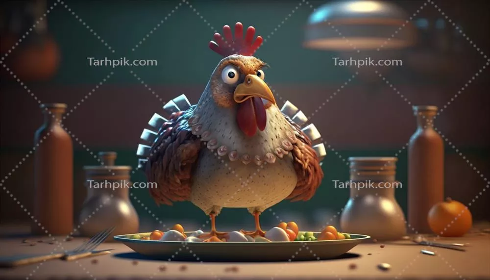 مرغ خشمگین در ظرف با سبزیجات در روز شکرگزاری - طراحی شده توسط هوش مصنوعی