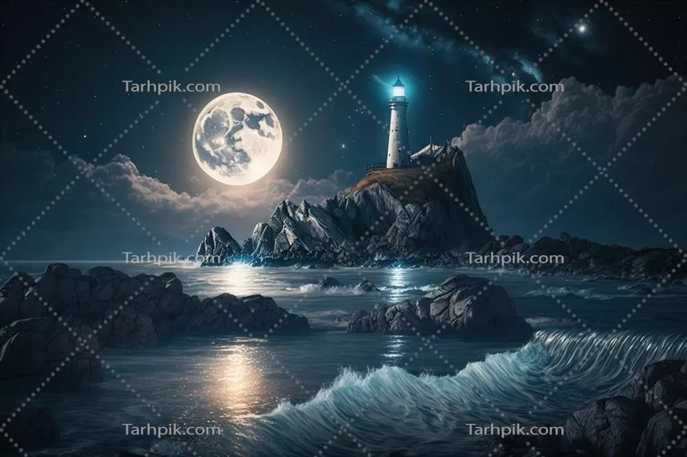تصویری زیبا از فانوس دریایی در سواحل شب همراه با ماه و انعکاس آن