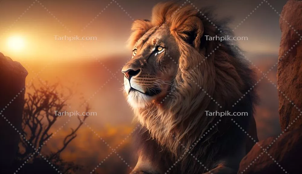 شیر باشکوهی که از بالای تپه ای در بیابان به غروب خورشید می نگرد