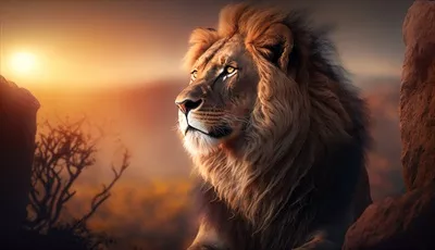 شیر باشکوهی که از بالای تپه ای در بیابان به غروب خورشید می نگرد
