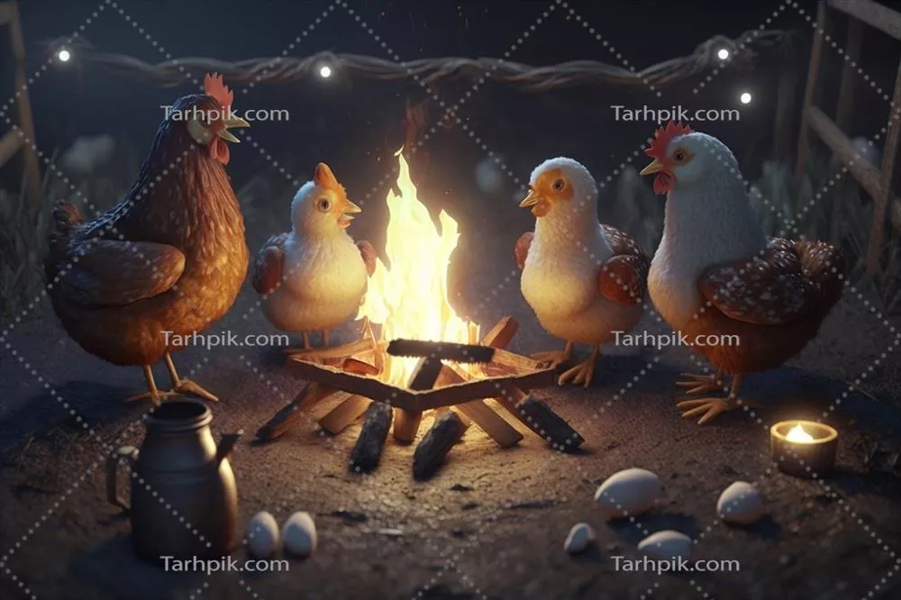 جوجه‌ها در کنار آتش campfire در زیر آسمان پرستاره - تولید شده با هوش مصنوعی