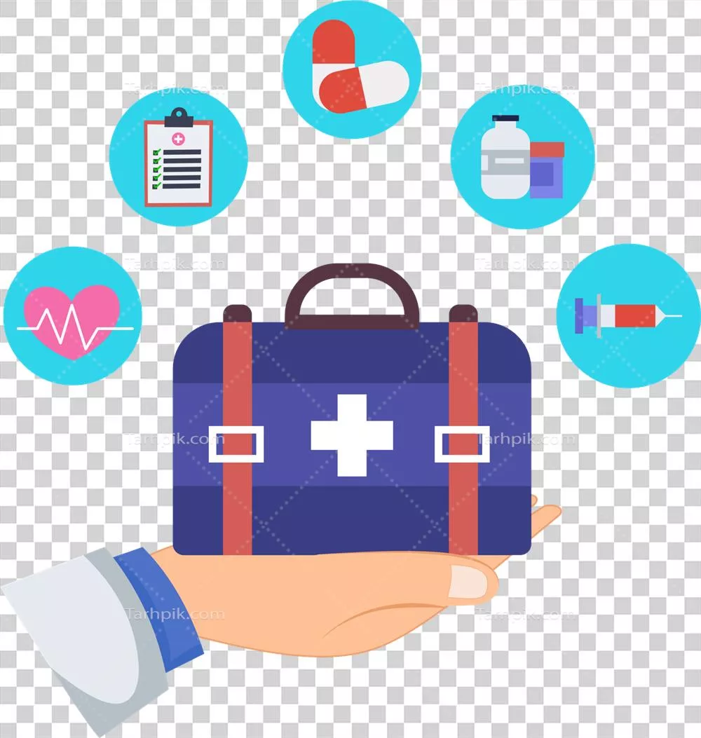 تصویر دکتری که در دست خود کیسه دارو و ابزار پزشکی را نگه داشته است