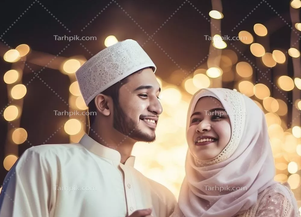 تصویری از زوج جوان مسلمان در پسزمینهای محو و عاشقانه با تکنیک جنراتیو ایآی