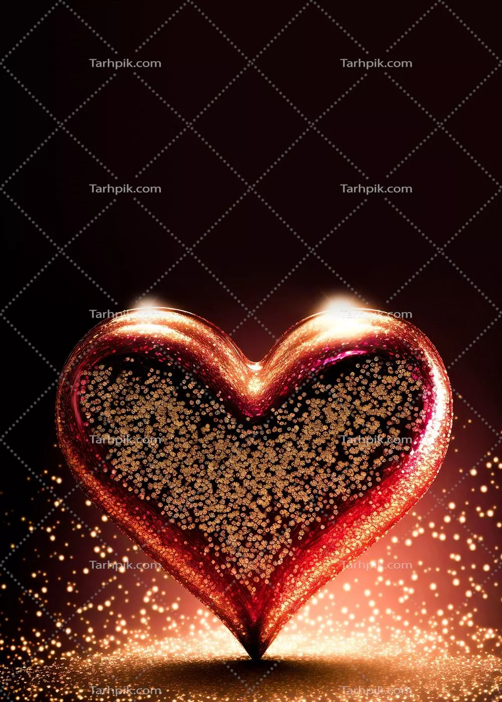 شکل قلبی درخشان و درخشان بر روی پس زمینه نور طلایی - رندر سه بعدی