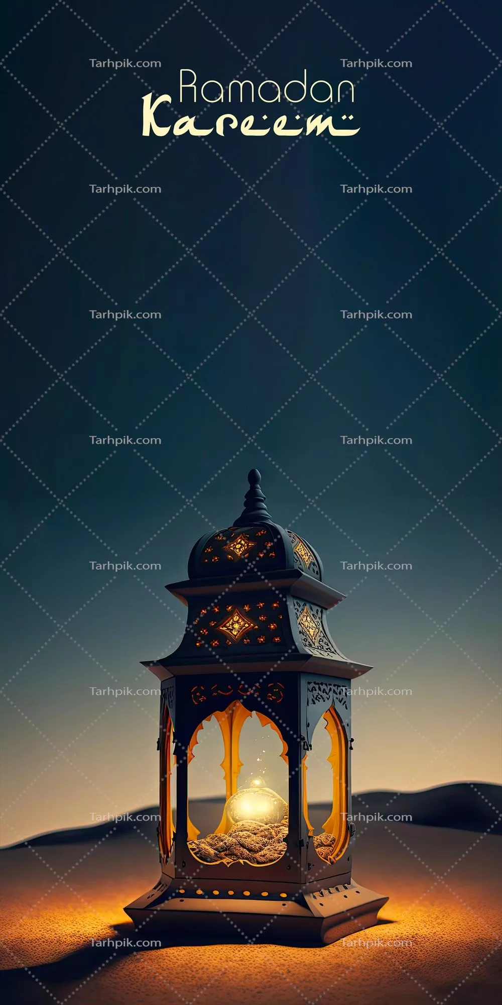 طراحی بنر رمضان کریم با لامپ عربی طلایی و درخشان سه بعدی بر روی تپه شنی