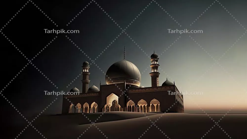 رندر سهبعدی زیبای مسجد روی تپه شنی با پسزمینه شب: مفهوم دینی اسلامی