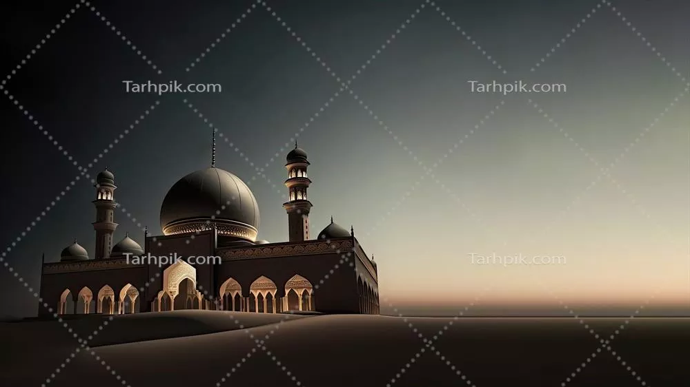 تصویر سه بعدی از مسجد زیبا بر روی تپه شنی در پسزمینه شب با مفهوم مذهبی اسلامی