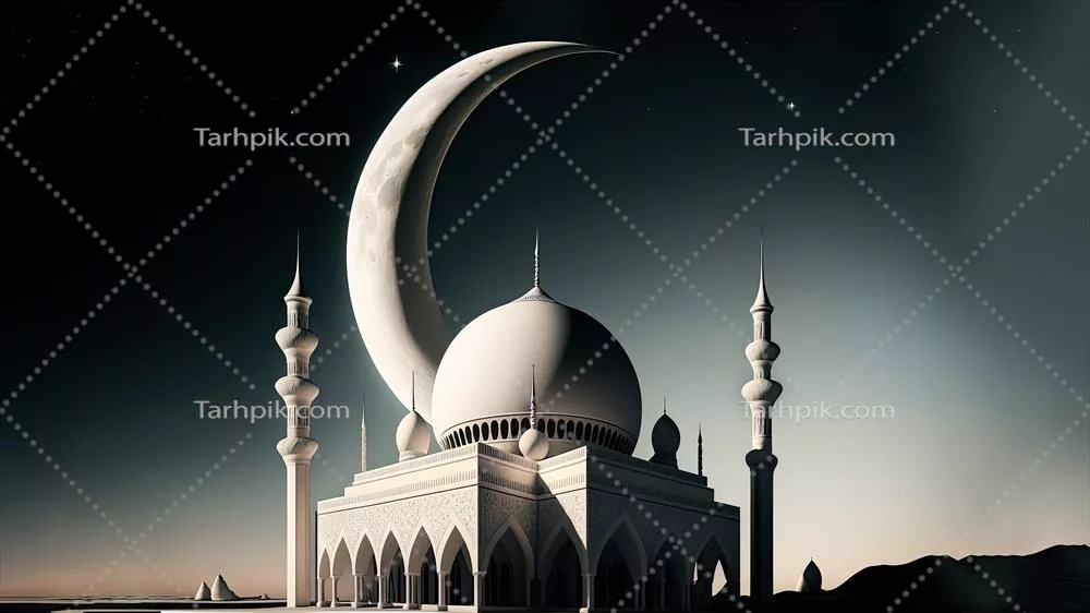 رندر سه بعدی از مسجد زیبا با ماه هلال در پس زمینه شب، مفهوم مذهبی اسلامی