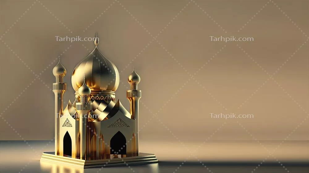تصویری سه بعدی از مسجد طلایی بی نظیر برروی زمینه زیتونی قهوه‌ای - مفهوم مذهبی اسلامی