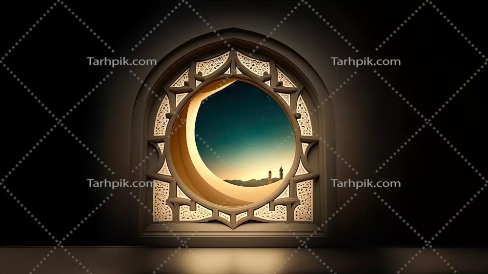 رندر سه بعدی هلال طلایی درون پنجره اسلامی با فضای خالی مفهومی اسلامی