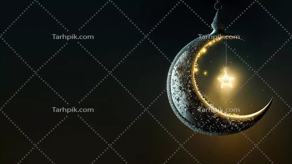 تصویر سه بعدی از ماه زیبا و درخشان و ستاره بر روی پسزمینه تاریک با مفهوم مذهبی اسلامی