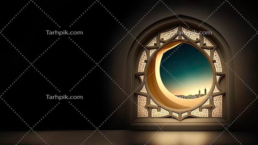 رندر سهبعدی از هلال طلایی داخل پنجره اسلامی با فضای خالی برای متن