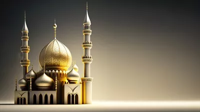 تصویرسازی سهبعدی از مسجد طلایی زیبا بر روی پسزمینه درخشان - مفهوم دینی اسلامی