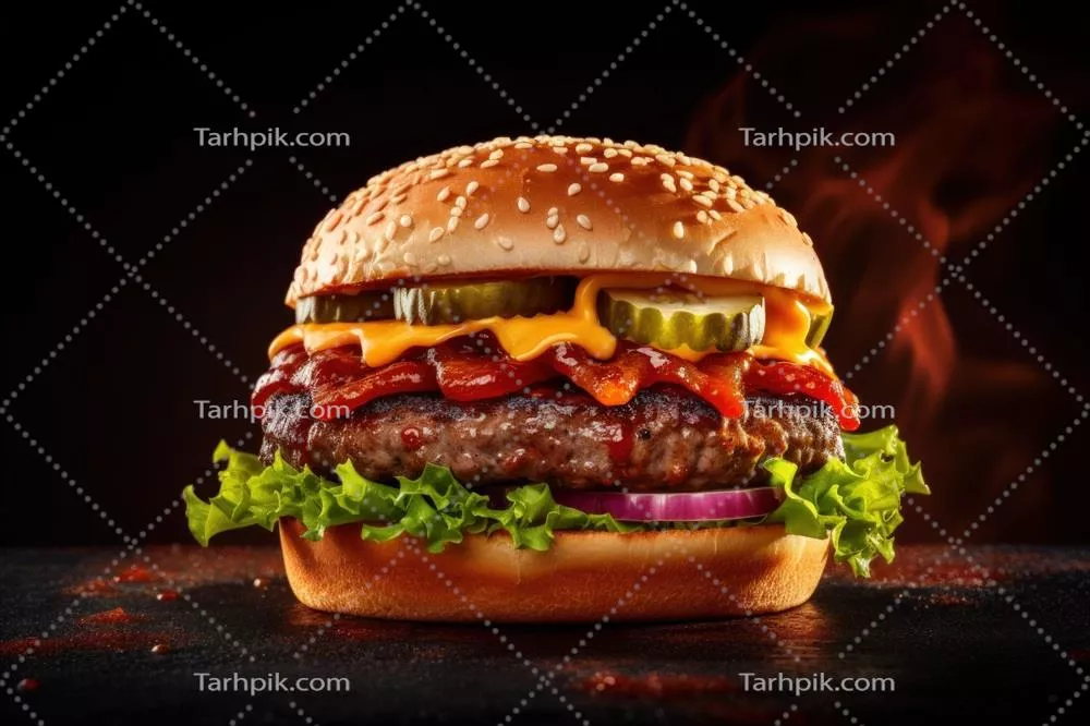 تصویرسازی هنری خوراک همبرگر گوشت قرمز داغ با استفاده از هوش مصنوعی