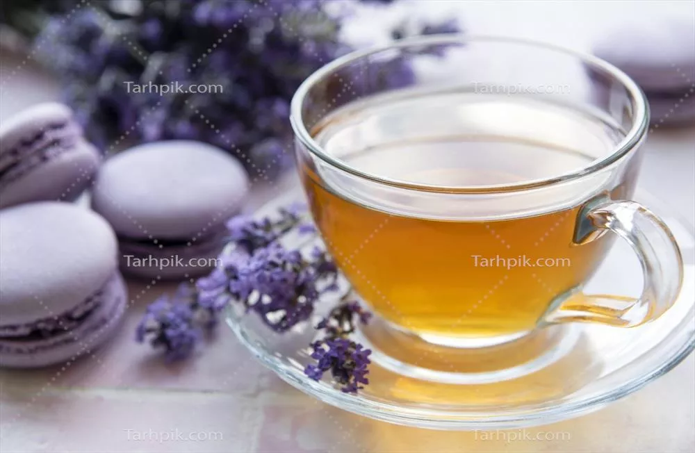 لیوان چای با دسر ماکارون با طعم لاوندر و لذت چشایی