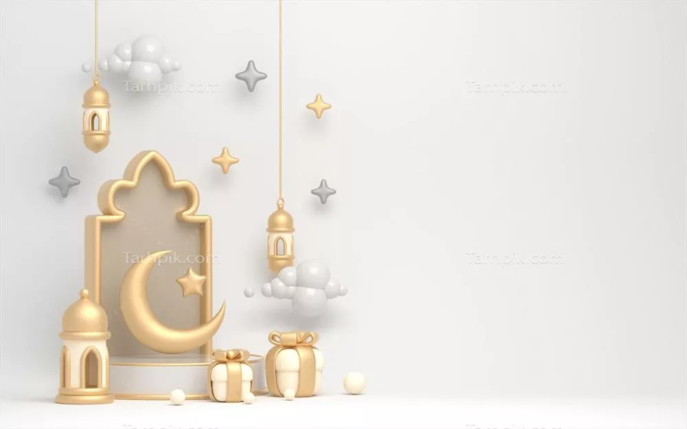 تصویر سهبعدی ماه رمضان با فانوس اسلامی طلایی و هلال در صحنه برای تبریک