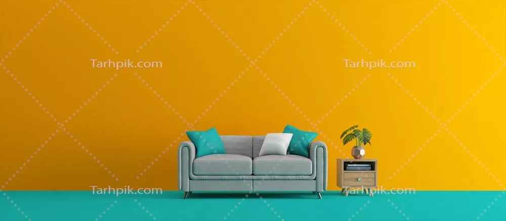 طراحی داخلی مینیمالیستی با رنگهای آبی و زرد - رندر سهبعدی