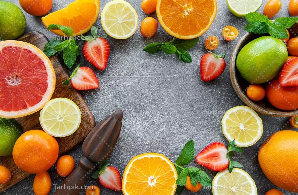 قاب ساخته شده از میوه های رسیده و خوشمزه برای تزئین منزل