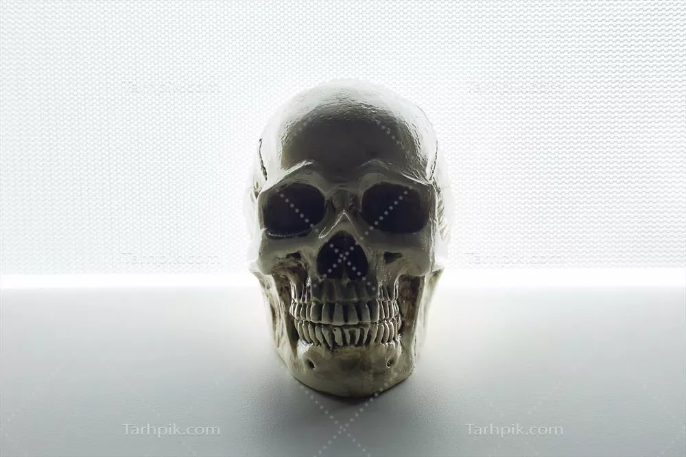تصویر نزدیک از جمجمه با نور درخشان در پس زمینه انتزاعی