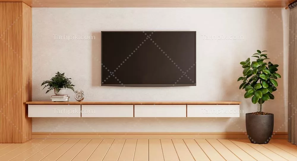 تصویر سهبعدی از تلویزیون بر روی کمد چوبی در اتاق مدرن با گیاهان و فرش به سبک ژاپنی