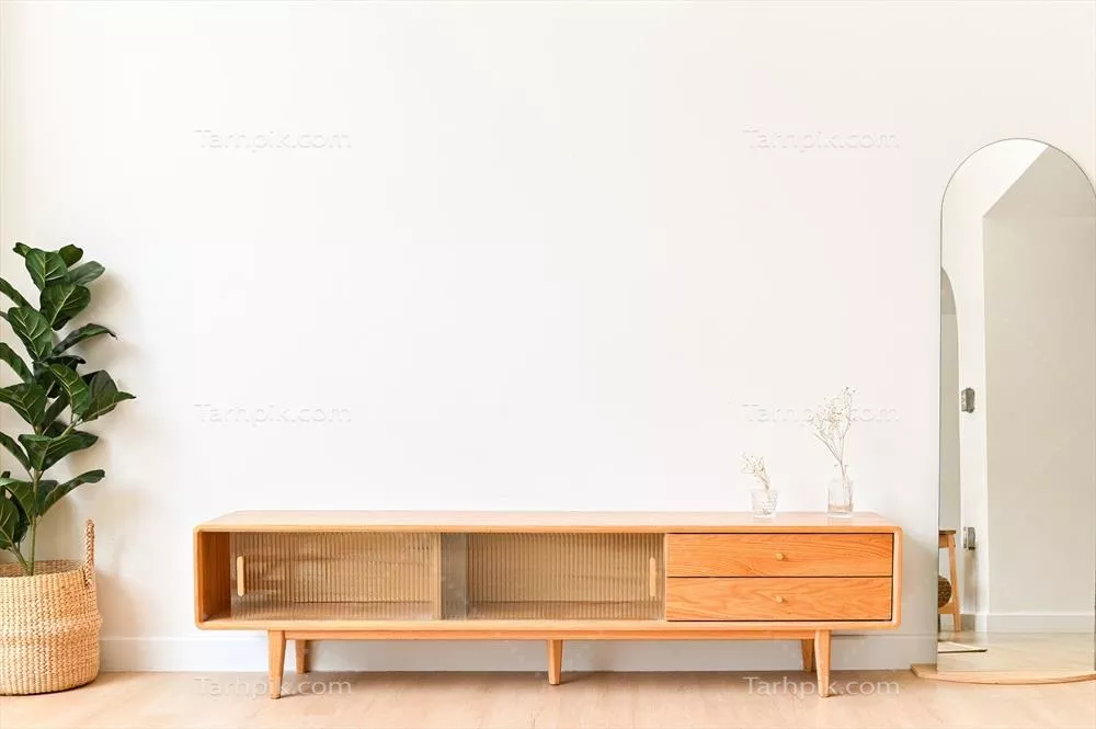 دکوراسیون مینیمالیستی اتاق نشیمن با دیوار سفید و کابینت تلویزیون