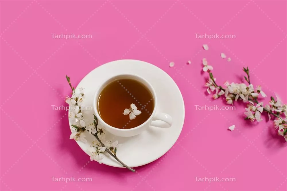 فنجان سفالی سفید با چای سیاه و شاخههای درخت سیب در پسزمینه صورتی روشن بهاری