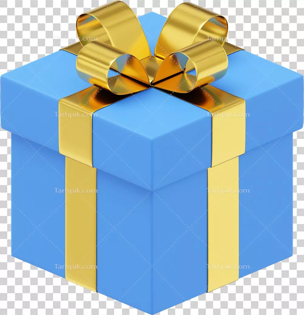 نماد سهبعدی جعبه هدیه آبی با روبان روی پسزمینه شفاف